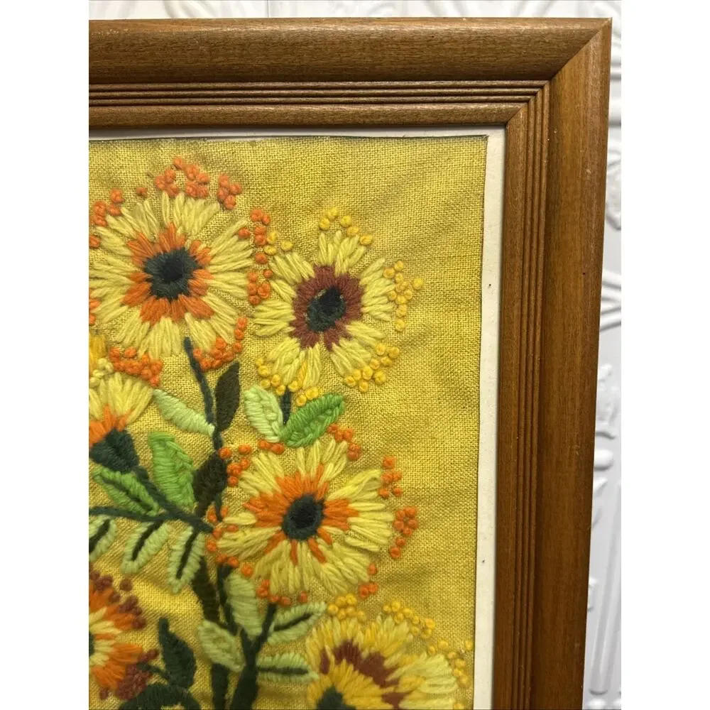 1970s Crewel Yarn framed needlepoint Stitched wall art 11x14 Inches